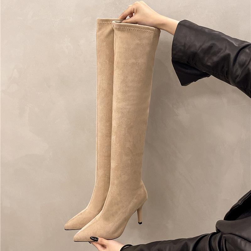 Over-knee boots women's 2025 autumn and winter new thin boots thick heel suede high elastic boots pointed high heel boots