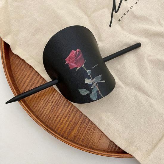 Chinese Style Hair Stick Rose Flower Printing Faux Leather Decor Hair Chopsticks DIY Hairstyle Accessory