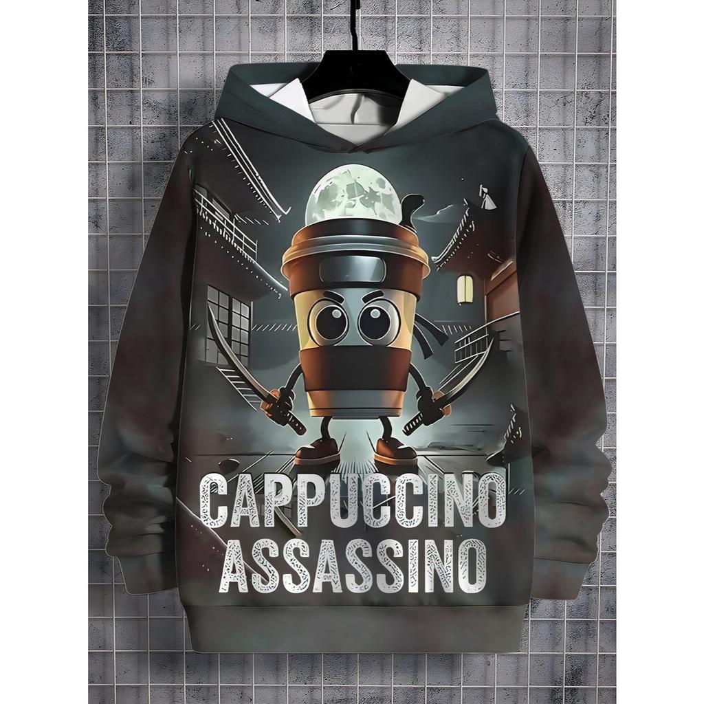 Boys' Fashion Hoodie - Cappuccino Ninja Coffee Cup Print, Oriental Mystery Atmosphere Digital Design, Long Sleeve Hoodie