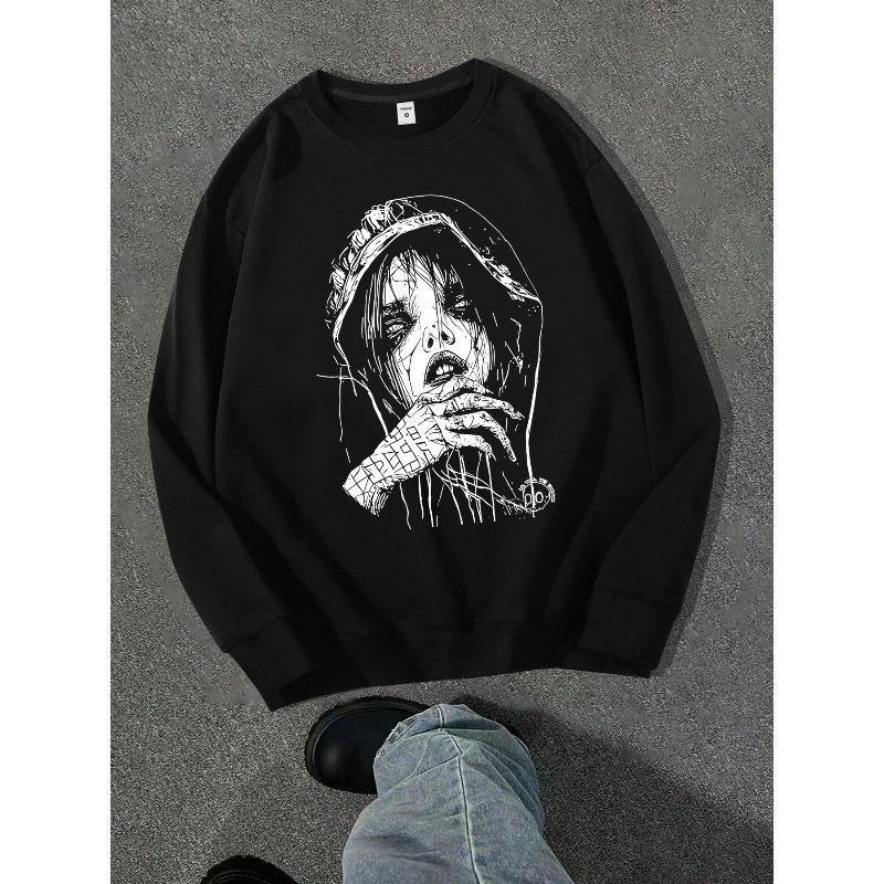 Men'S Gothic Comic Portrait Print Crew Neck Sweatshirt, a Perfect Match for Trendy Outfits, New Arrival for Autumn