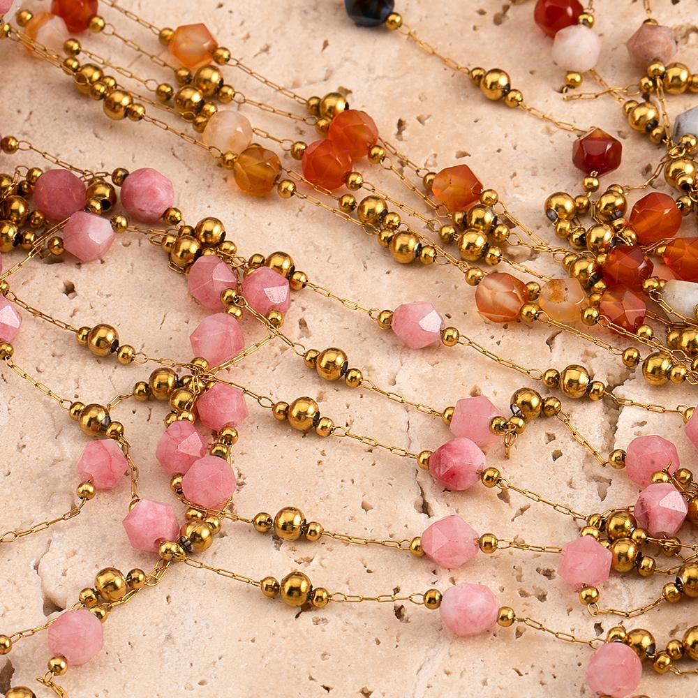 1meter Irregular Romantic Pink Stone Beaded Chain Stainless Steel Necklaces Chains Boho Anklet Bracelets for DIY Jewelry Making