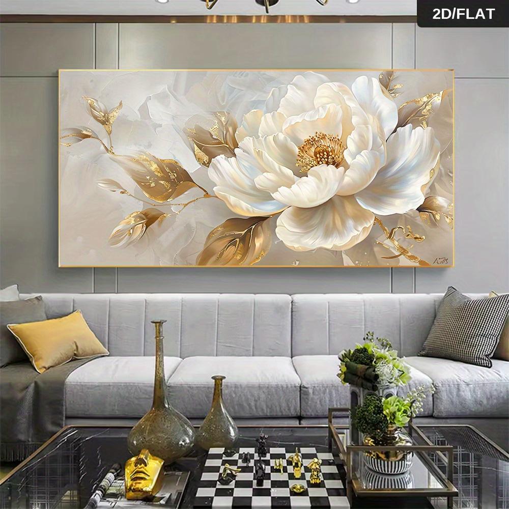 Un murale moderno astratto di peonie dorate - perfetto per l'arredamento del soggiorno e della camera da letto. La tela stampata, morbida e di colore chiaro, presenta