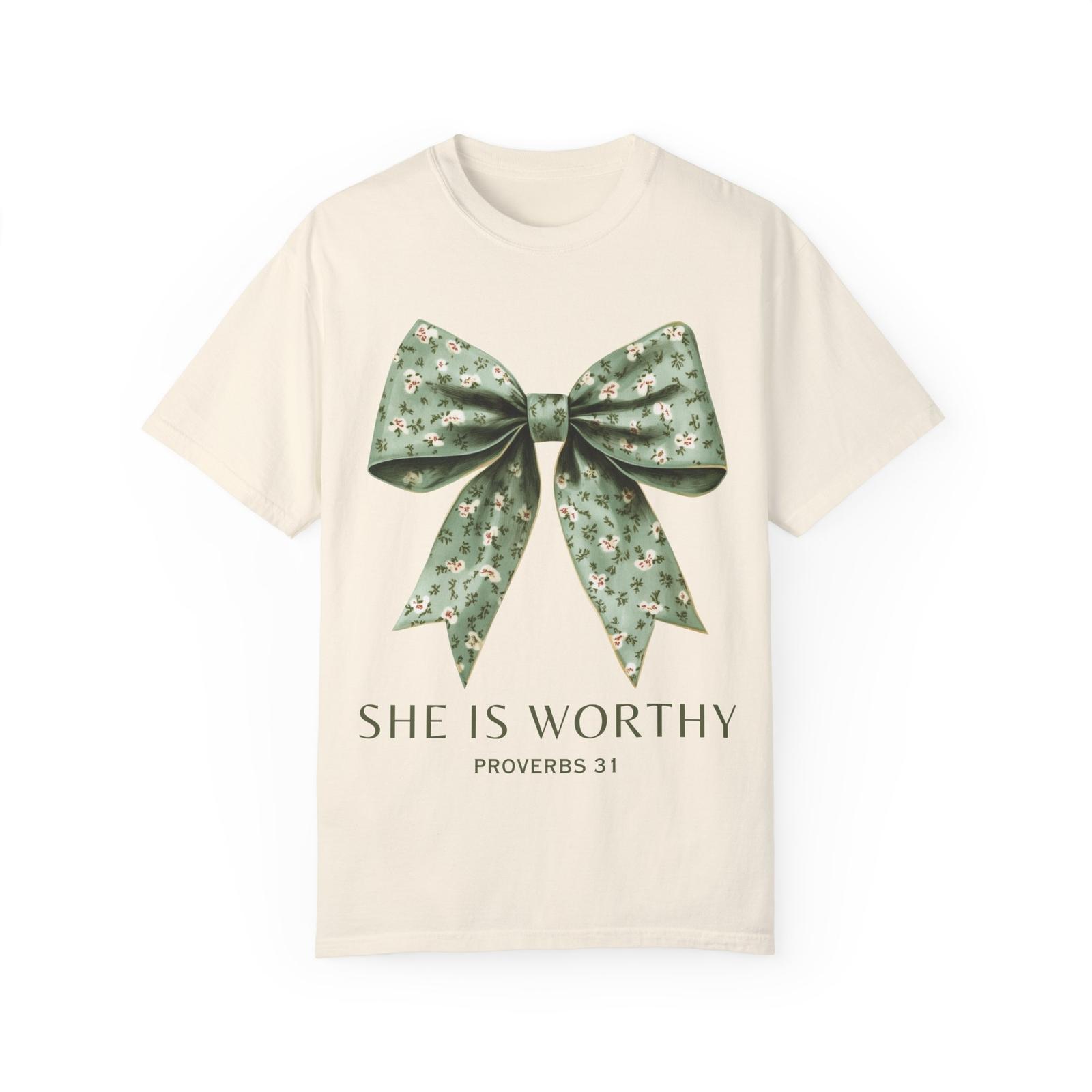She is Worthy Proverbs 31 T-Shirt Christian Faith Tee | Inspirational Bow Shirt XXXL