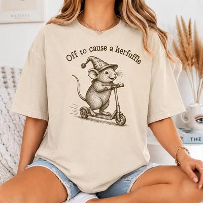 Funny Mouse Shirt, Off To Cause A Kerfuffle Tee, Cute Scooter Mouse T-Shirt, Whimsical Animal Shirt