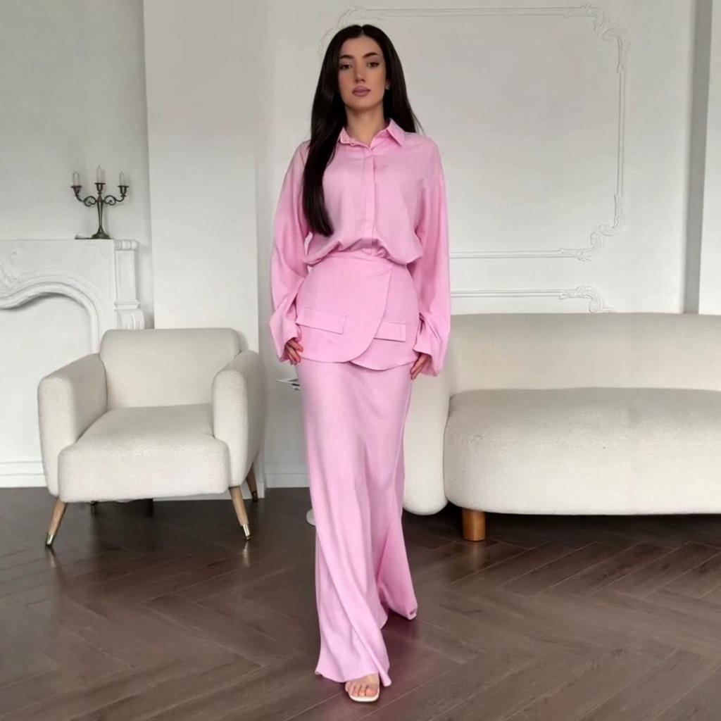 Autumn New European, American Amazon Cross-border V-neck Shirt Ruffle Edge Top Fishtail Skirt Set