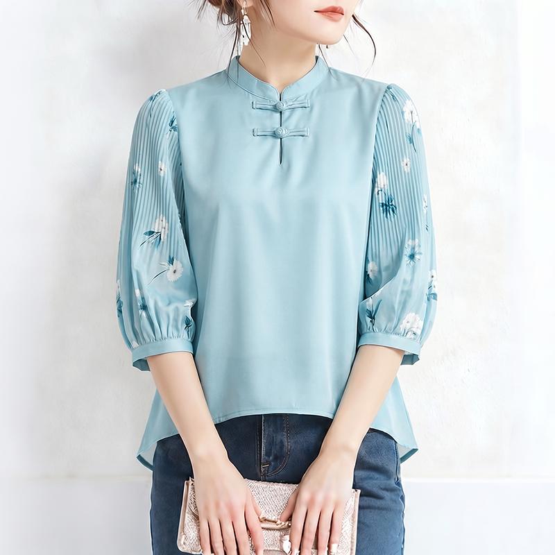 ZANZEA Women Elegant Floral Print Splice 3/4 Sleeve Loose Casual Stand Collar Blouse S синий
