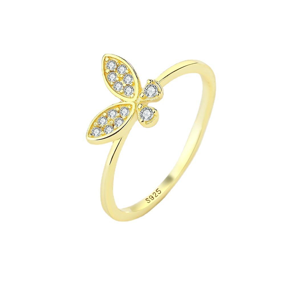 

POMOiii S925 Серебро Простой микро-набор бабочек Цирконовое покрытие Кольцо из желтого золота 14 карат Маленькое свежее хипстерское кольцо Ins Ювелирные изделия