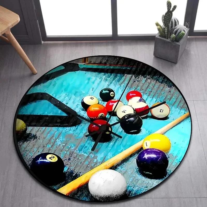 Billiard Clock Print Round Carpet Soft Area Rug for Bathroom Bedroom Living Room Doormat Gaming Chair Decor Non-Slip Floor Mat