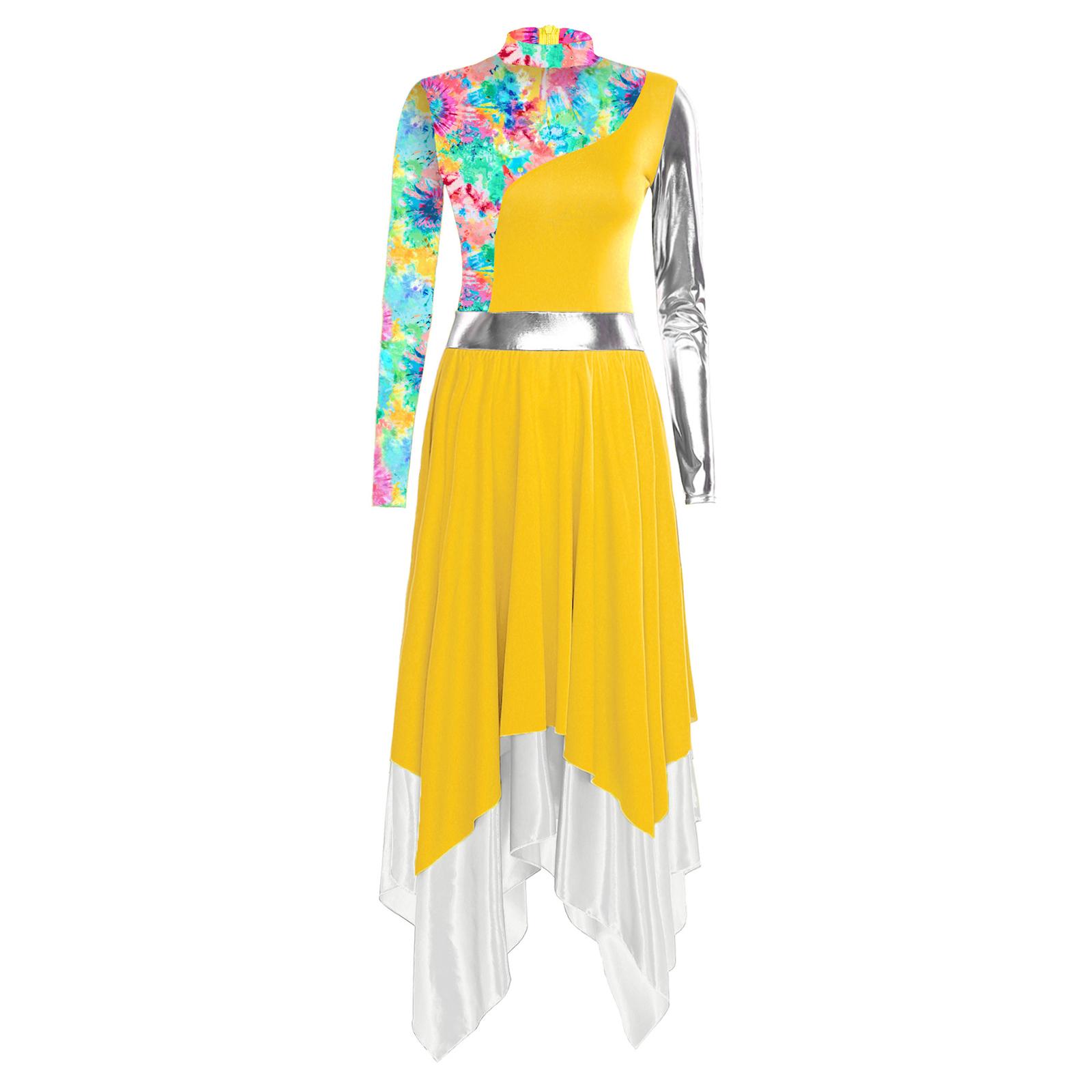 

Womens Liturgical Praise Dance Dress Mock Neck Long Sleeve Color Block Patchwork Stylish Print Irregular Hem Dresses S жовтий