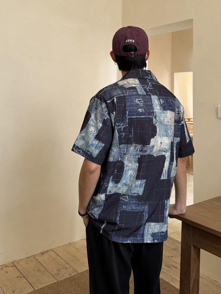 2025SS Fashion Summer Clothes Streetwear Japanese Print Casual Open Collar Rag Pattern Short Sleeve Shirt [CHANGE WELL] Men's (BLUE, XL)