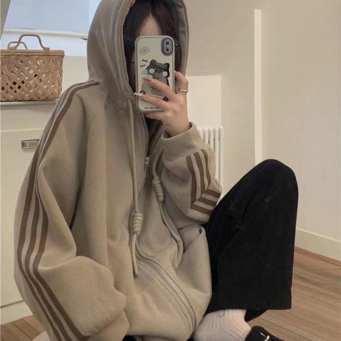 American Retro Fleece-Lined Hooded Cardigan - Plus Size, Long Sleeve Winter Sweatshirt for Women