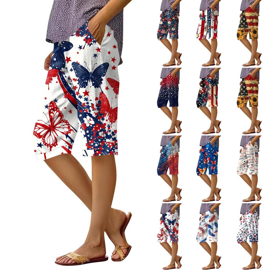 Damen-Shorts mit Druck, modische Tasche, elastische Taille, lässige Shorts