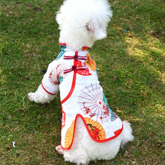 Pet Cheongsam Fan Umbrella Printing Split Hem Disc Buckle Summer Dog Two-legged Cheongsam Clothes for Home Wear