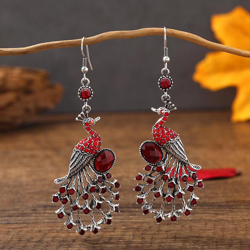 Vintage Ethnic Colroful Rhinestone Peacock Dangle Earrings For Women Long Classic Silver Color Animal Earrings Female Jewelry