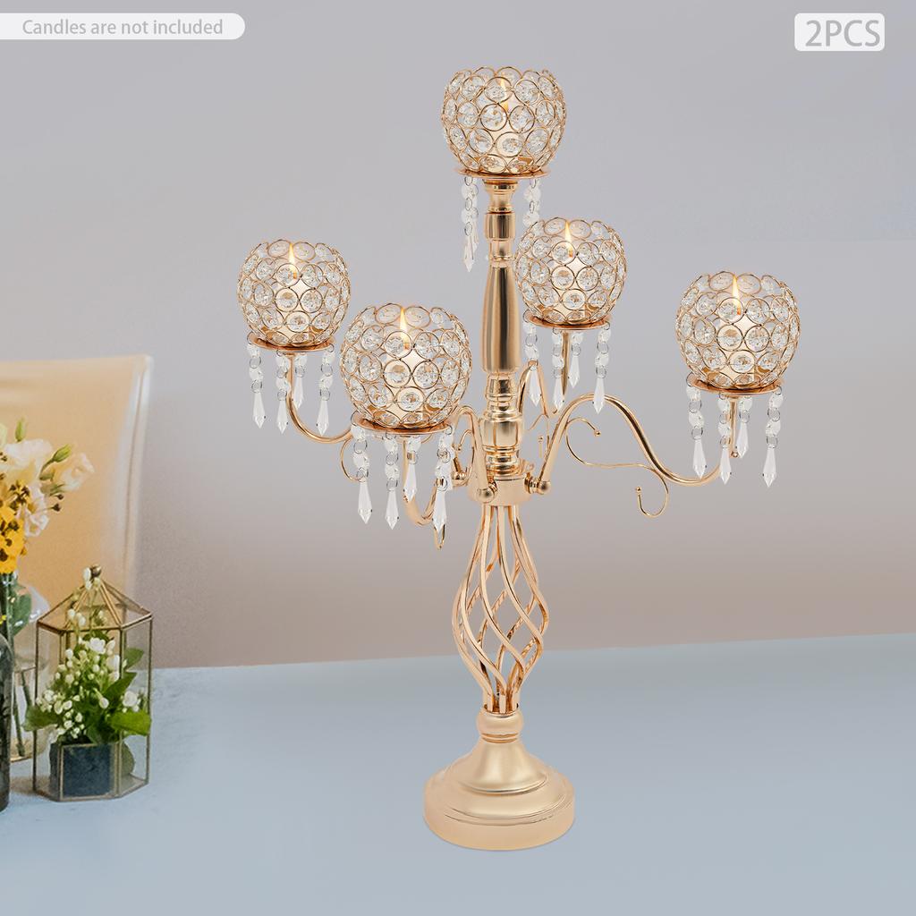 Elegant 5-Arm Crystal Candelabra Set, 26-Inch Gold Table Centerpiece, 2-Pack Luxury Candle Holders, Fits 2.36In Diameter Candles
