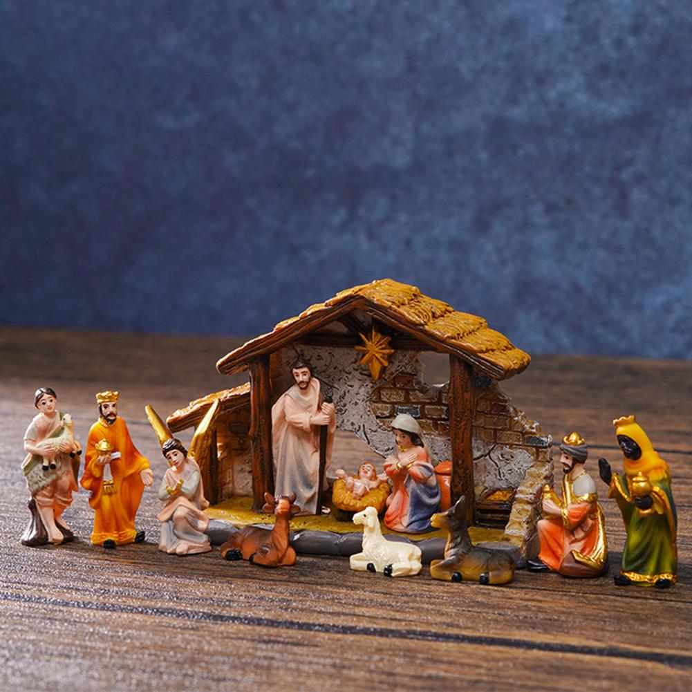 Christmas Manger Set Ornament Nativity Scene Decoration Christmas Nativity Scene Set with Resin Stable Led Star for Holiday