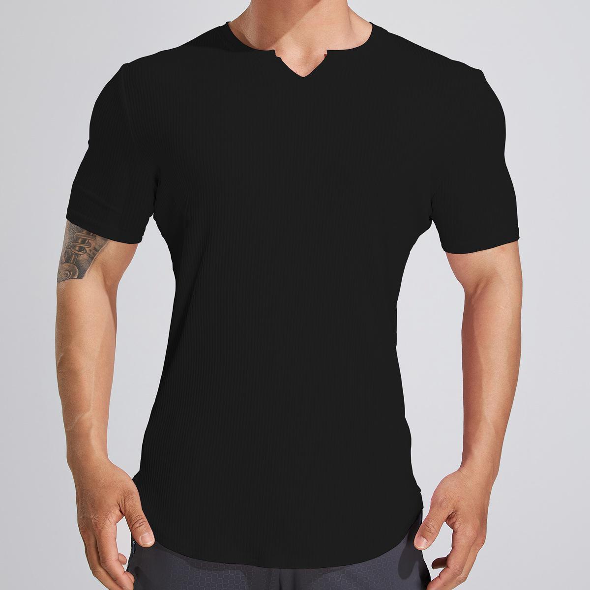 

Men s Autumn Fitness Half Tight Short-Sleeve Striped Sports T-Shirt for Basketball & Running L чёрный