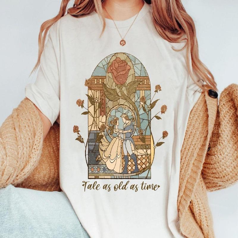 Летняя ретро футболка 2025 Красавица и Чудовище Сказка на все времена 100% хлопок с принтом Семейная футболка Свободный крой S