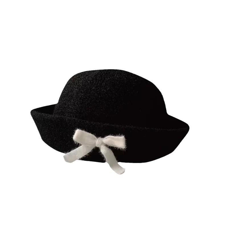 Bow Top Hat för Kvinnor Fransk Stil Retro Ull Ansiktsvisande Liten Varm Bucket Hat