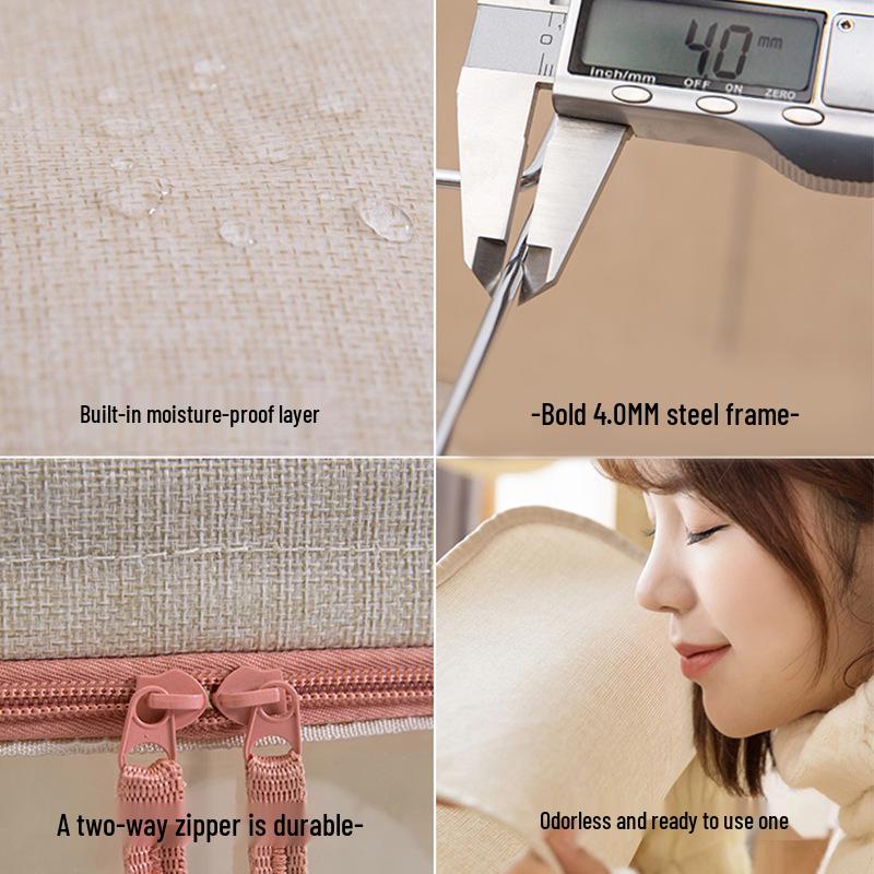 Large Capacity Foldable Storage Box, Cotton Linen Organizer with Steel Frame for Home Quilts and Clothes