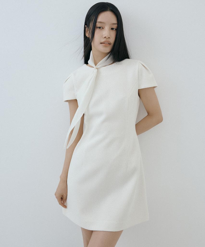 Lucirju Custom Scarf Tweed Mini Dress Set (Cream)
