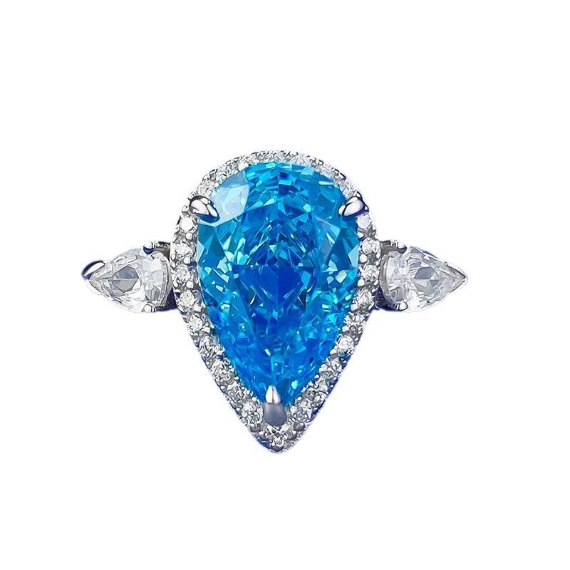 Xiancan Jewelry European & American Cross-border S925 Silver Ring: 7x11 Pear-shaped Aquamarine & High Carbon Diamond, Women's White Gold Band