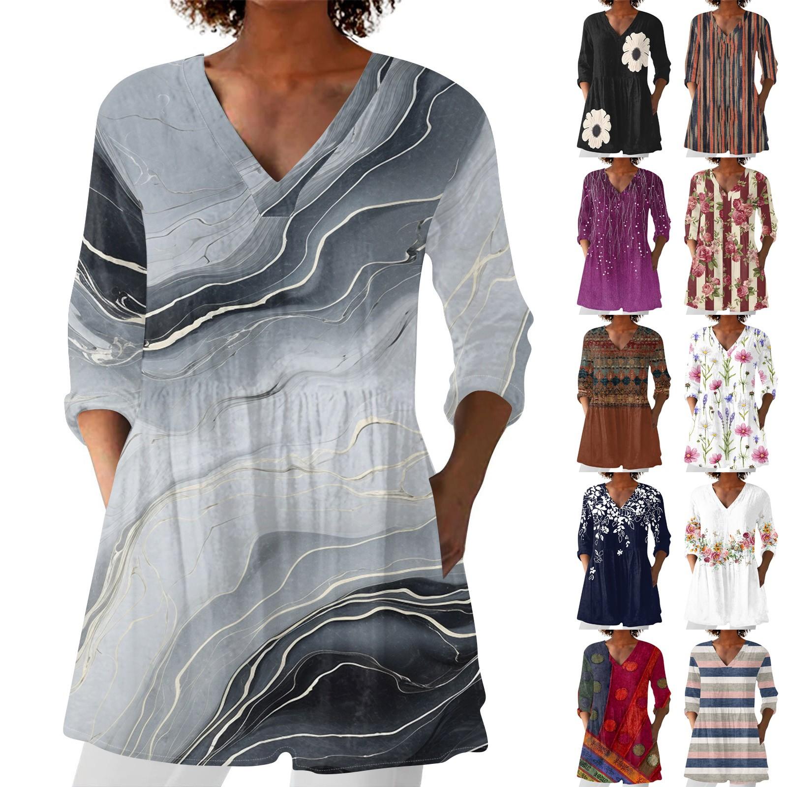 

Women s Fashion Printed V Neck 3/4 Sleeve Pocket Casual Loose Fit Pullover Shirt Top S