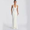 Women Halter Neck Sleeveless Ruched Maxi Dress Solid White Elegant Evening Formal Dress