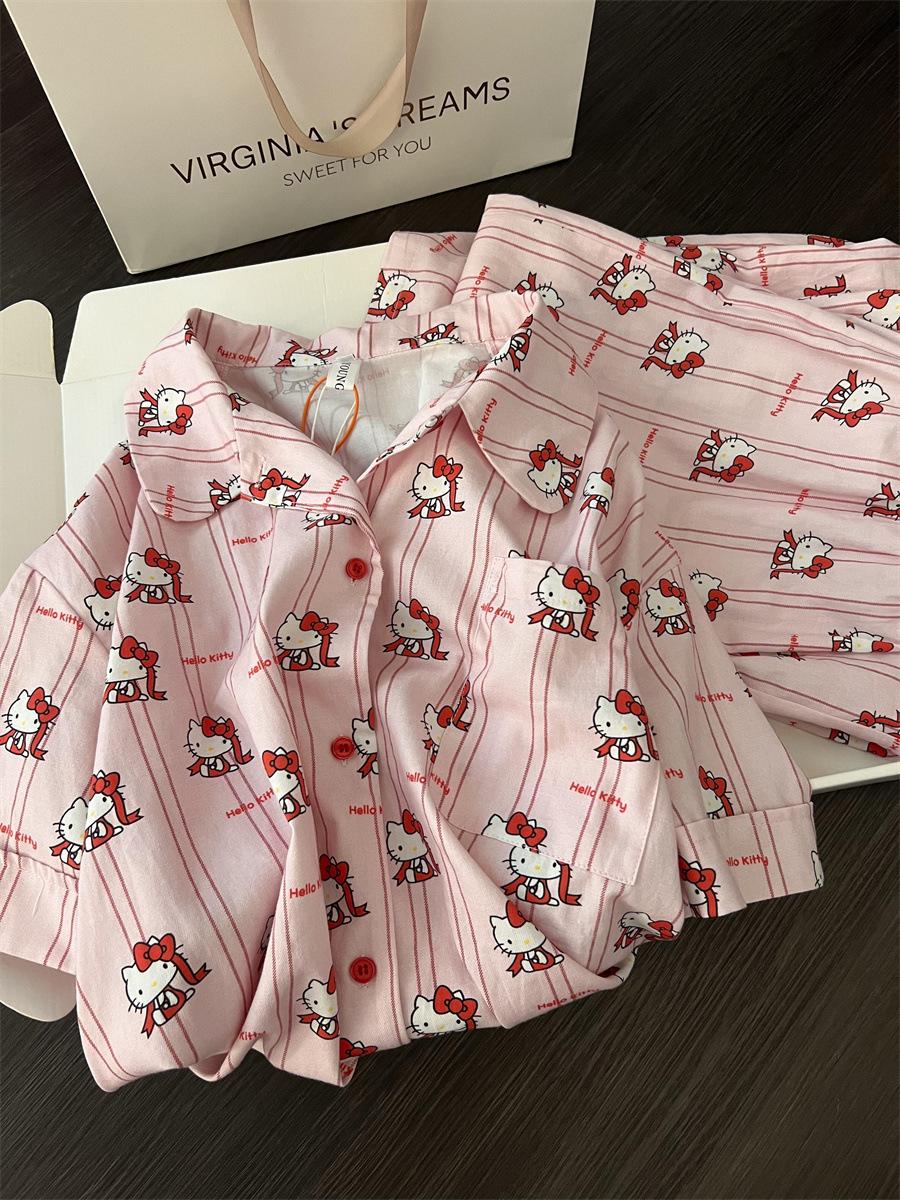 Summer pink striped Hello Kitty pajamas women s summer short-sleeved trousers two-piece set women s casual loungewear S