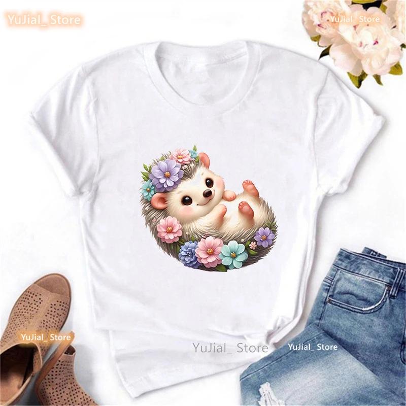 Kawaii Hedgehog Printed T Shirt Girls Summer Fashion Tops Tee Shirt Femme Funny White Tshirt Unisex Harajuku Shirt