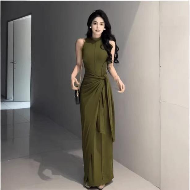 Women's Black Sleeveless French Style Slim-Fit Two-Piece Long Dress