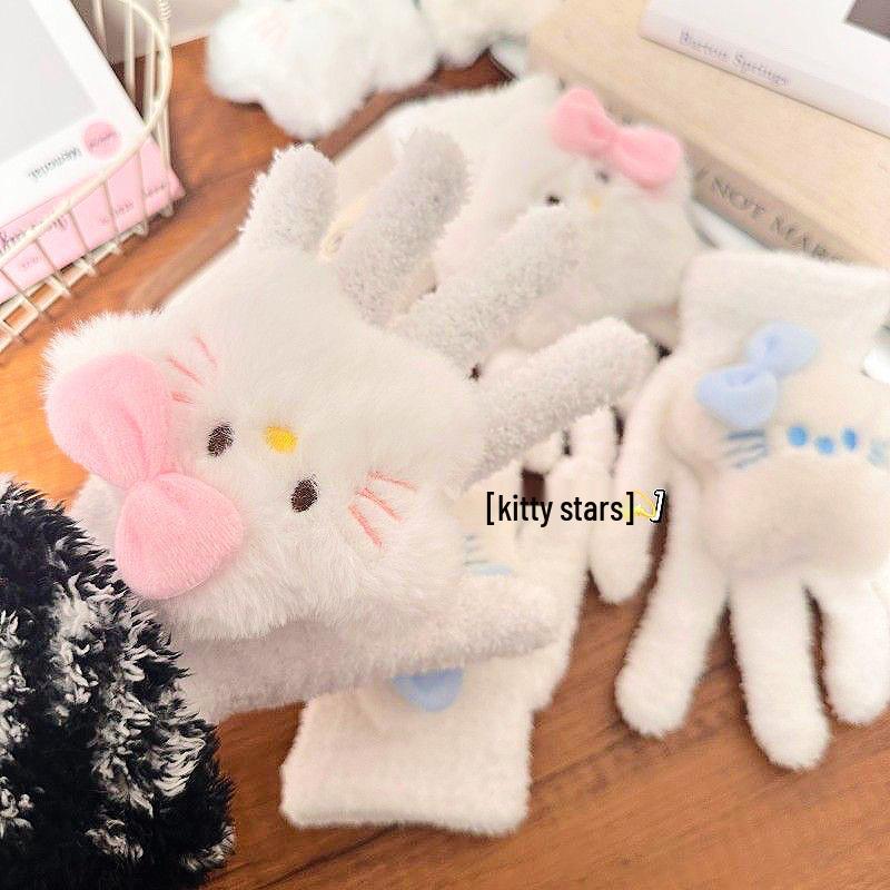 Cute Star Kitty Women's Winter Gloves - Plush, Warm, Cold-Proof