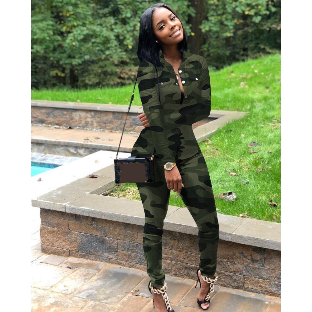 Women's Camo Print Button Front Long Sleeve Skinny Pants Two Piece Tracksuit Casual Streetwear Matching Outfit