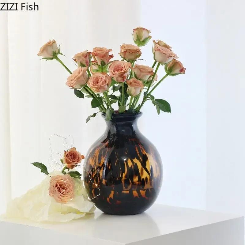 Amber Glass Vase Hydroponic Flower Pots Desk Decoration Artificial Flower Decorative Floral Arrangement Modern Home Decor Vases