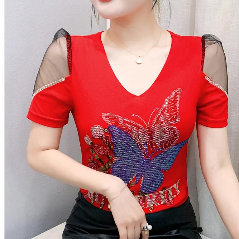New European Brand Women's Clothes T-shirt Sexy V-Neck Luxury Butterfly Hot Diamonds Girls Tops Fashion Summer Short Sleeve Tees