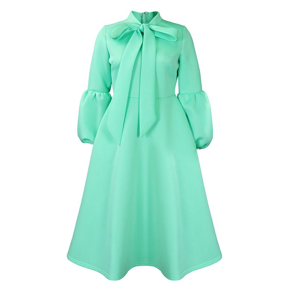 2024 Spring Fashion Lace Lantern Sleeve High Waist Bowknot Swing Dress