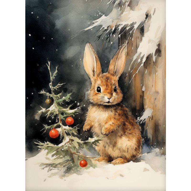 Christmas Holiday Horse Bunny Winter Landscape Church Barn Poster and Prints Painting Wall Pictures for Living Room Home Decor