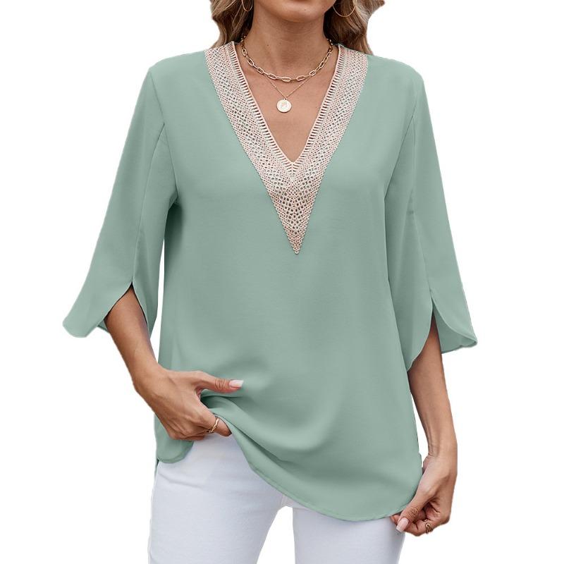 Women's Spring and Summer New Solid Colour V-neck Mid-sleeve Lace Chiffon Blouse