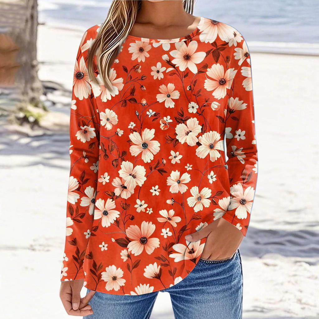 Women's Fashionable Casual Printed Long Sleeved Round Neck Top Round Neck Top Top