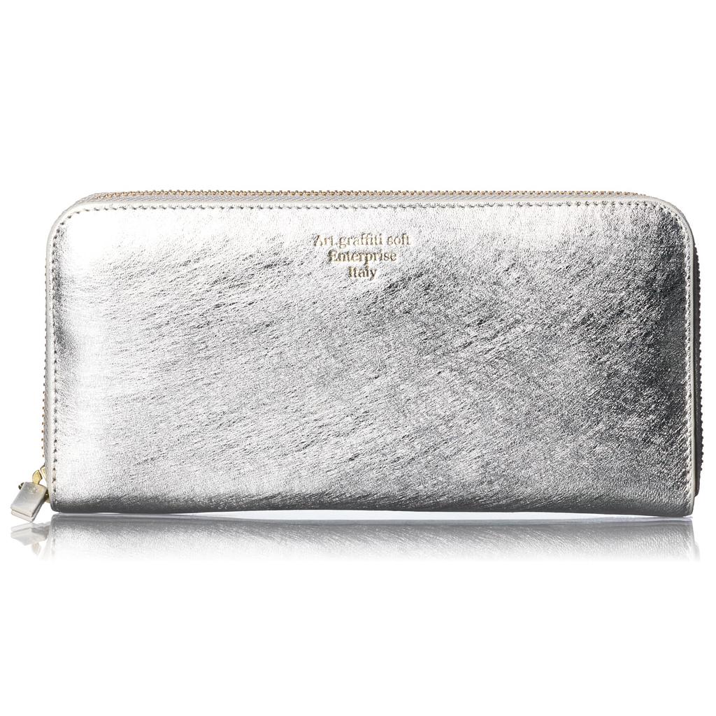 [VOICE] Align Graffiti Italian-Made Cowhide Leather Women's Vertical Card Slots Round Zipper Long Wallet, Gift Boxed, Silver