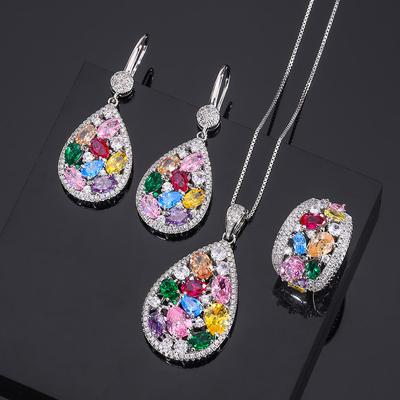 SUYU Women's Light Luxury Design Water Drop Zircon Set Rainbow Necklace Daily Accessories Colorful Zircon Earrings Ring