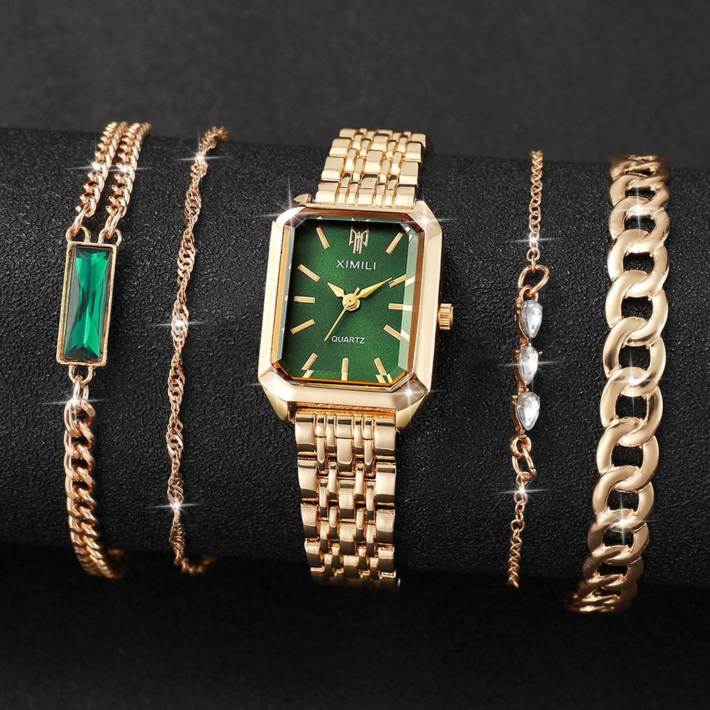 5ks/sada Dámské luxusní vynikající hodinky Módní retro křemenné analogové hodinky se sadou náramků Dárek pro dívky (Krabice není součástí dodávky)