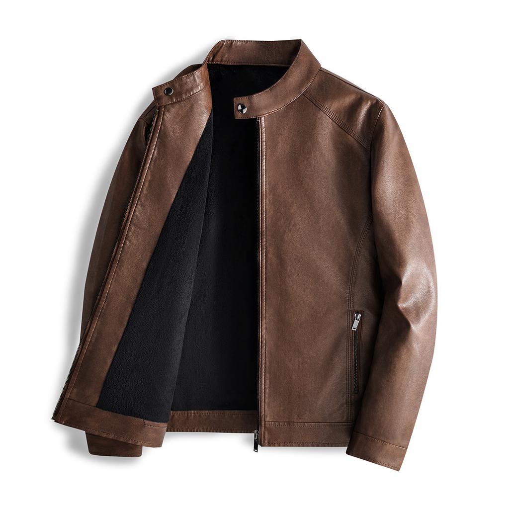 Added Fleece Men's Leather Jacket Motorcycle Washed Pu Leather Jacket Male Fit Stand Collar Men's Coat Leather Coat