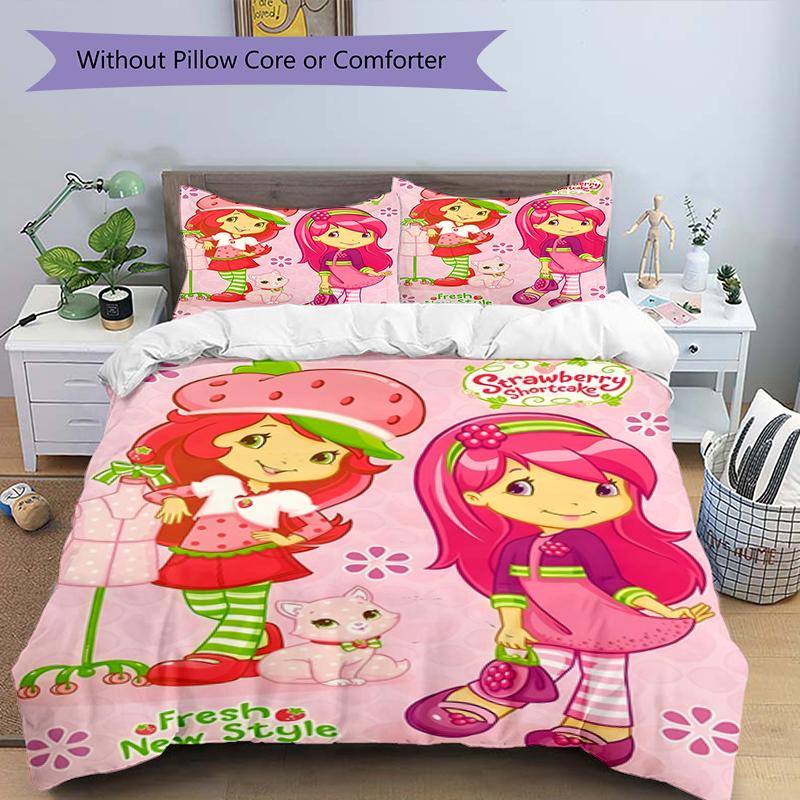 3pcs Strawberry Princess3 Design Cover Set - HD Printed Bedding with 1 Cover and 2 Pillowcases - Perfect for Home and Dorm Decor
