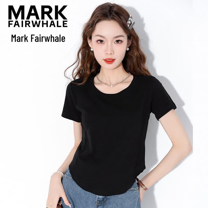 MARK FAIRWHALE Women s Summer Slim Fit Round Neck T-Shirt with Irregular Curved Hem L