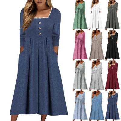 Women's Casual Fashion Long Sleeve Stripe Printed Vintage Long Dresses Autumn And Winter with Pocket