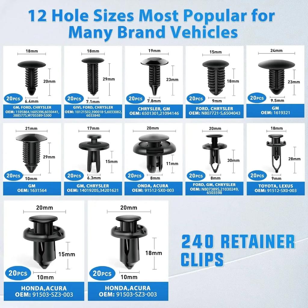240PCS Bumper Clips Set – Plastic Auto Body Fasteners & Push Rivets for Toyota, Ford, Honda & More