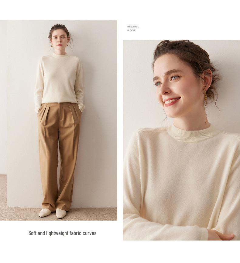 Women's Cashmere Sweater - Shoulder Pad Half-High Collar Knit Pullover for Autumn/Winter