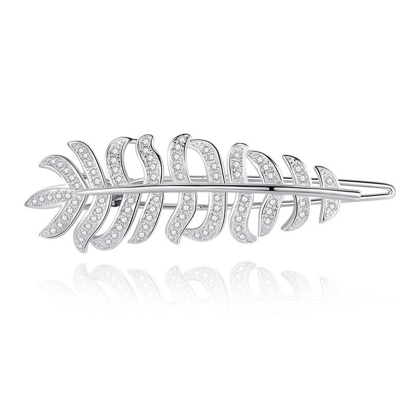 Elegant Feather Design Hair Clip Cubic Zirconia Full Paved 925 Silver Hairpin Daily Hair Accessories