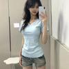 Women's Summer Slimming, Simple, Fitted V-Neck T-Shirt: Solid-Color, Straight-Shoulder, Short-Sleeve Top for Students